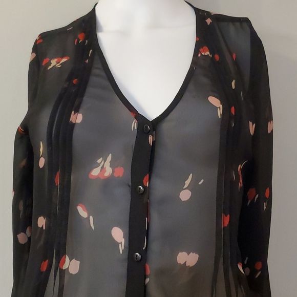 Pins and Needles sheer blouse, S, black and red, button down, great shape - Picture 2 of 8